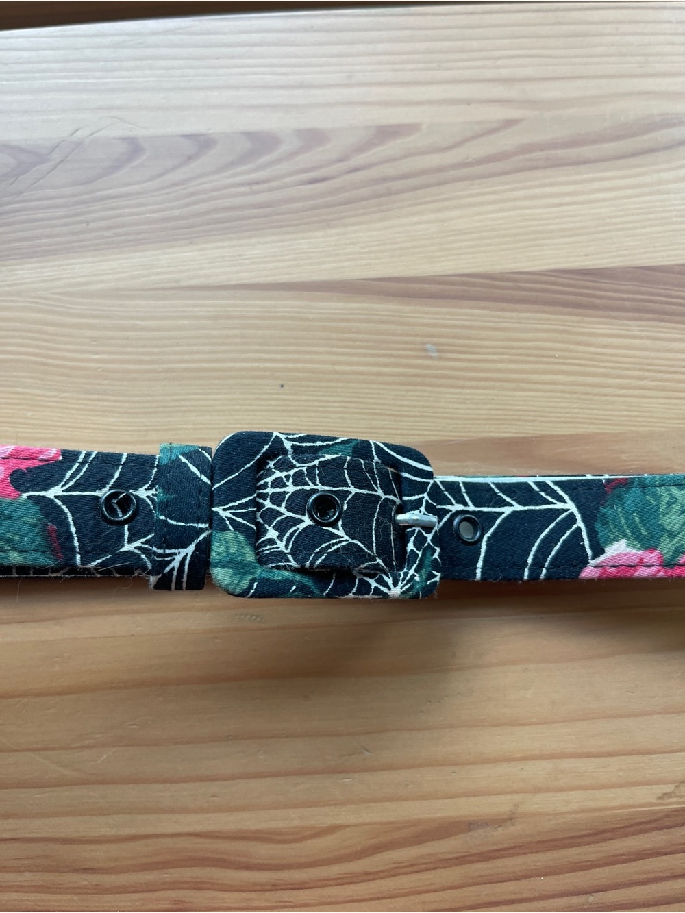 Vixen By Micheline Pitt Floral Spiderweb Print Fabric Belt in Black w Pink Roses
